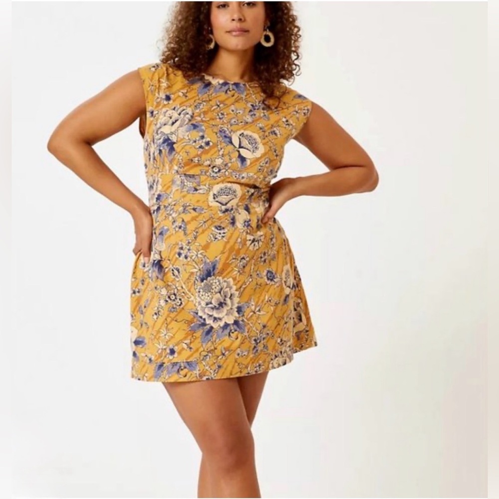 Anthropologie Mustard Floral Mini Dress with Back Tie and Open Back Design